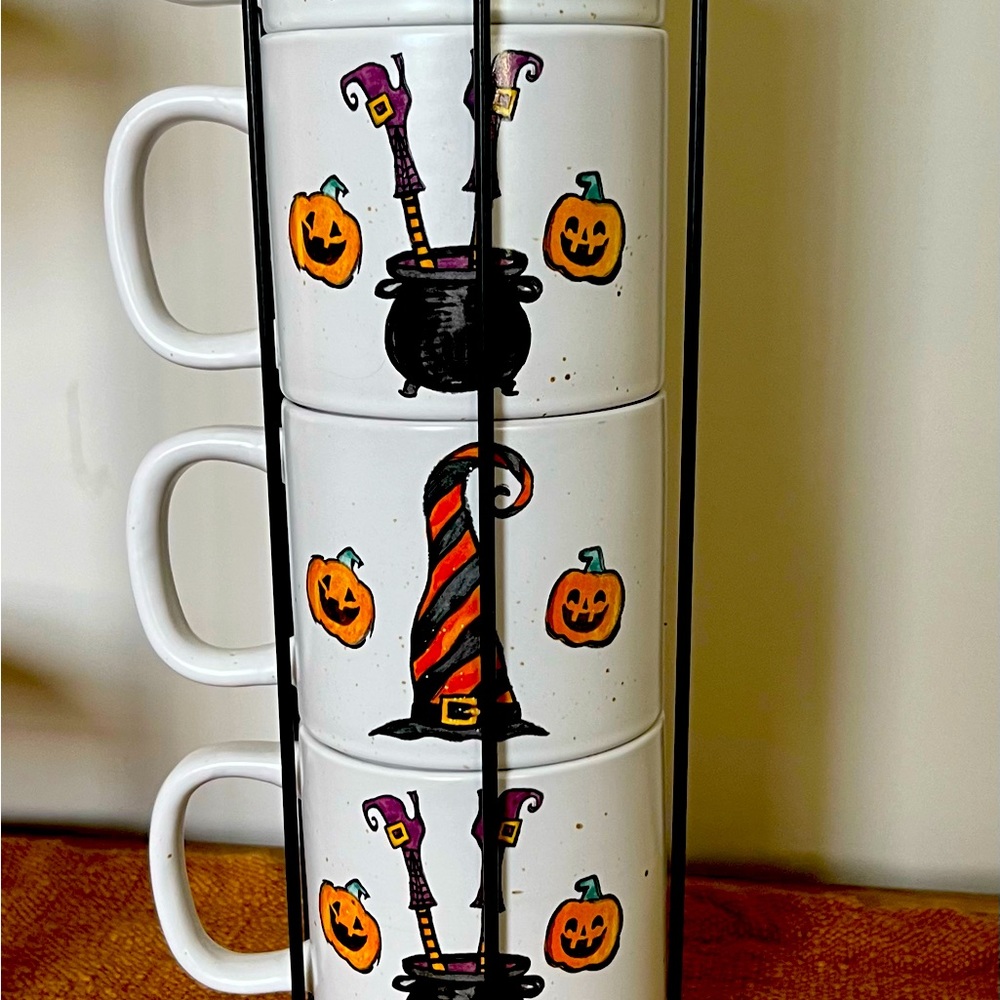 Set of 4 stacking Halloween coffee mugs with holder.  Hand painted